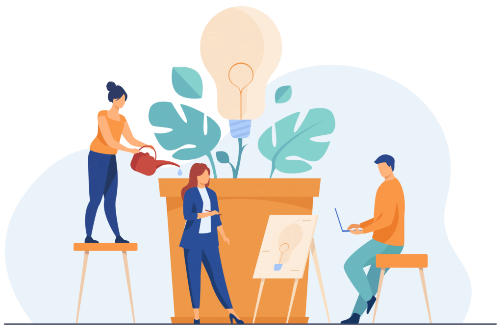 Mensen rondom een bloempot, met een persoon die het water geeft. Om te inspireren zeg maar.