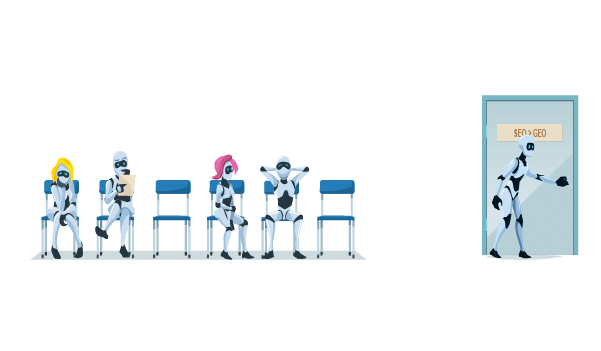 Robots in aan wachtzaal. Met een die de deur naar de SEO > GEO neemt.