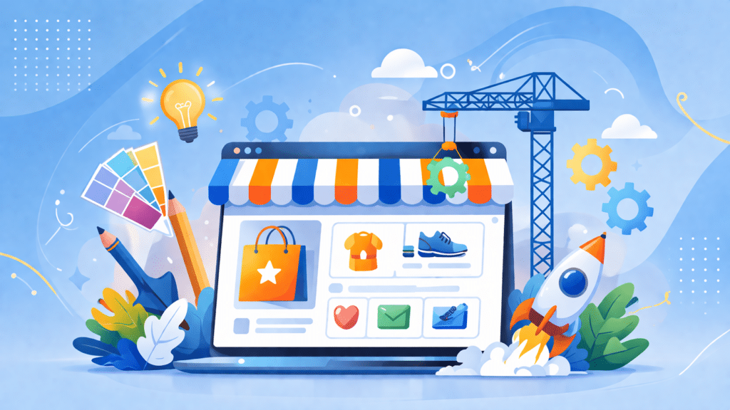 Tailer made illustratie met een laptop die een raket lanceert.