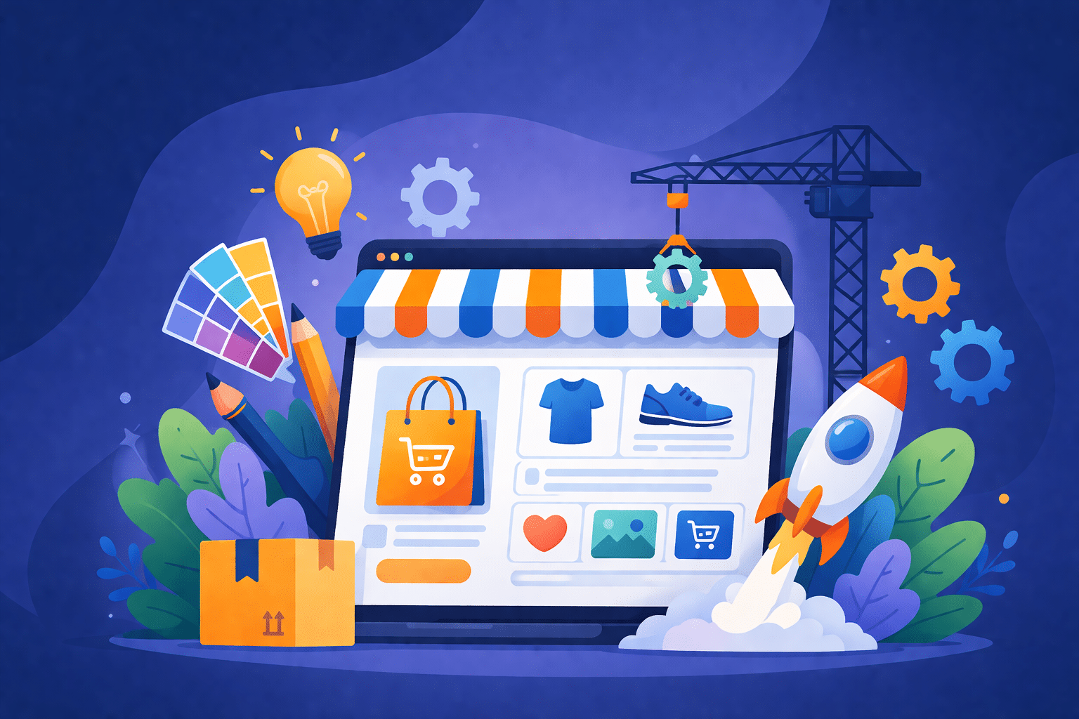 Tailer made illustratie met een laptop die een raket lanceert.