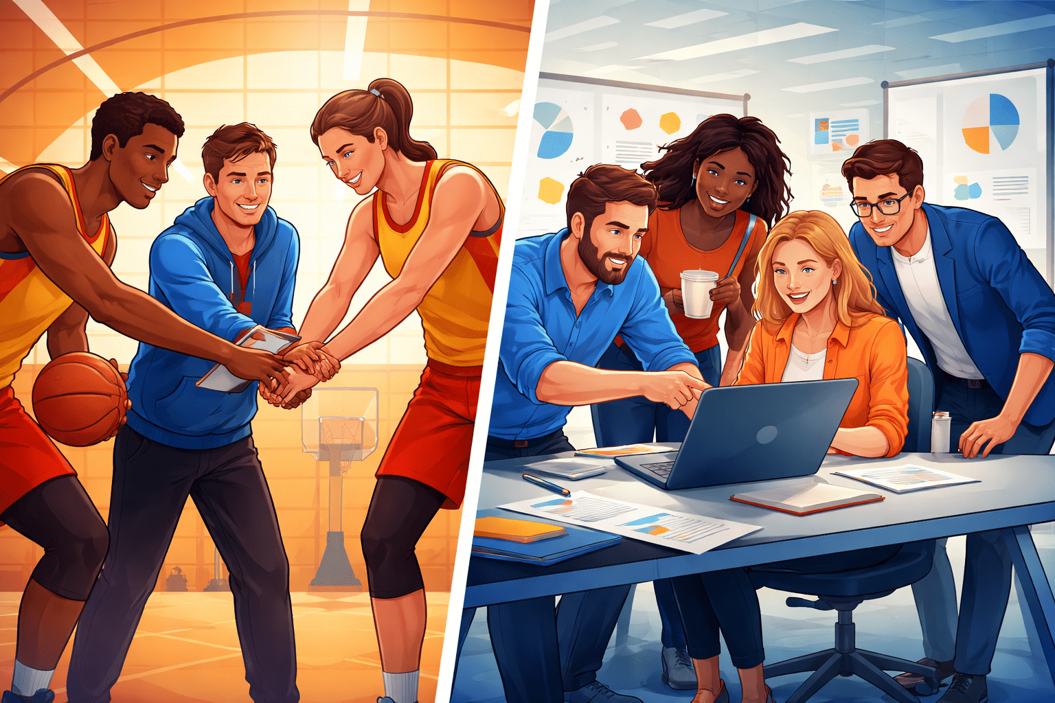 Illustratie sport vs. business coaching. 2 teams, een in een huddele en de andere in een groepsmeeting.