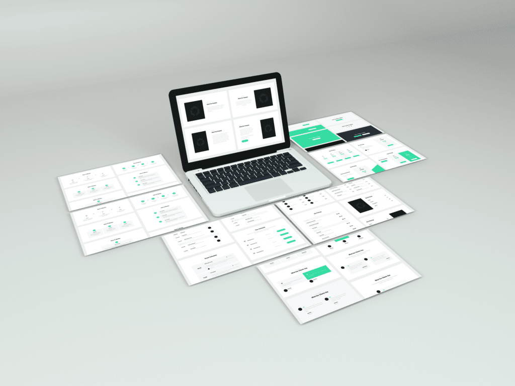 Mock-up website, webpage's in verschillende laptop schermen.