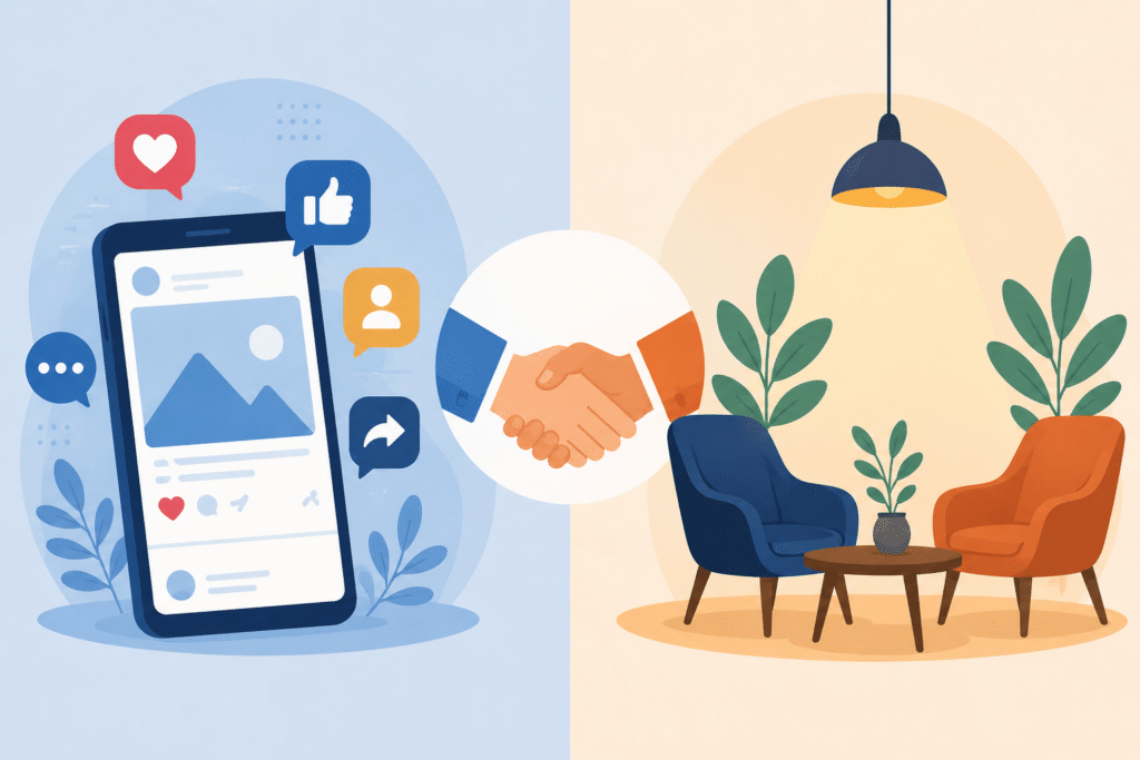 Afbeelding met de visule weergave over: "Sociale media opent het begin, menselijk contact maakt het verschil".