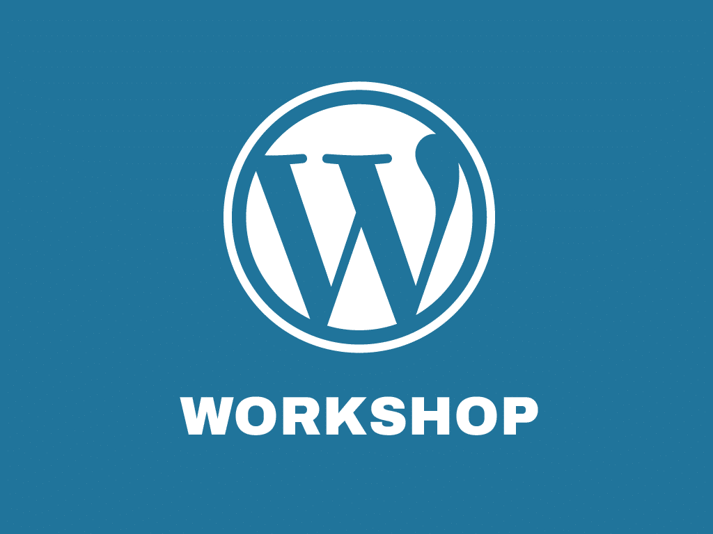 WordPress logo met workshop tekst op blauwe achtergrond.