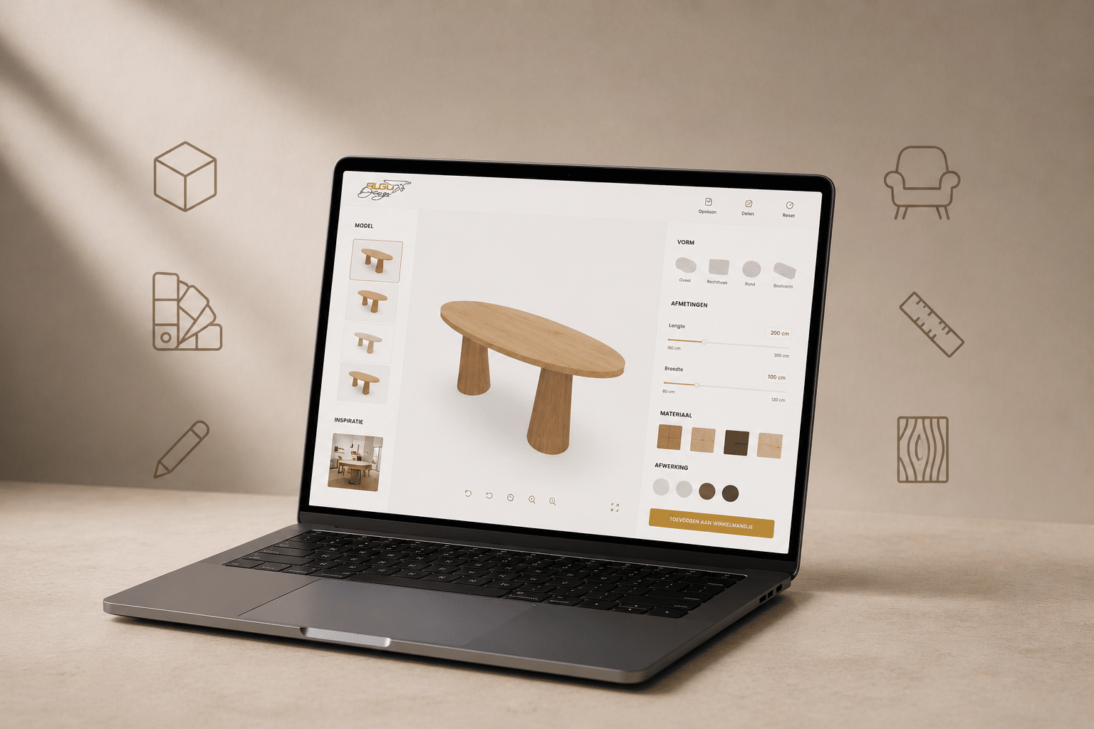 Algu Design Mock-up voor blog. Met een laptop die de configurator weergeeft.