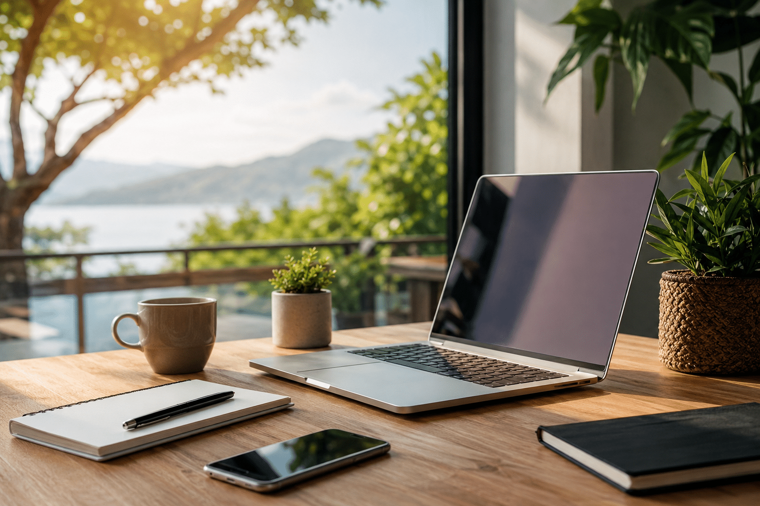 Laptop op tafel in een zomerse bestemming.